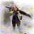 Animated sequence showing a figure in dark clothing holding a long weapon, transitioning from a raised stance to a lowered position against a light background.