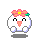 Pixelated white circular character with pink flower crown, black eyes, and peach beak-like mouth, shown in four variations with differing expressions and hand positions.