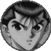Two circular grayscale anime-style character portraits side-by-side, one with short hair and the other with long hair partially covering their face.
