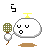 Pixelated character with white rounded body, yellow top, and brown base holding green checkered object; facial expressions change across frames.