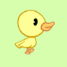 Animated yellow duckling with orange beak and feet against light green background, showing two sequential poses.