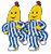 Pixelated static image of two cartoon bananas in blue-and-white striped pajamas standing side-by-side with smiling faces and brown stems.
