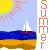 Animated summer scene with sun, sailboat on blue water, and yellow sand under orange 'SUMMER' text.