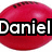 Red oval-shaped icon with white text reading "Daniel loves footy" in pixelated font, featuring a gray rectangular overlay on the right side.