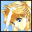 Pixelated anime-style character with blonde hair and blue eyes against a light blue background, next to black with white text