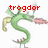 Green dragon-like creature with S-shaped body, yellow snout, pink wing, and gray feet; red text above reads 'trogdor' and 'the' in different frames.