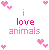 Pixelated pink text reads 'i love animals' surrounded by four pixel hearts on white background.