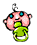 Pixelated pink creature with blue eyes and green mouth holding a circular green object, shown in four sequential animation frames.