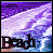 Pixelated icon with purple and white cloud-like shapes above the word 'Beach' in dark stylized text over a blue water background.