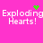Pixelated text "Exploding Hearts!" on bright pink background with green heart and starburst animations.