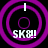 Four identical purple concentric circles with white text 'SK8!' and a vertical line above each circle on black background.