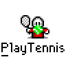 A 4x3 contact sheet of a pixel art tennis animation featuring a stick-figure character in red shirt with white face, holding tennis racket and green ball across 12 frames showing motion sequence.