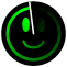 Green circular smiley face with oval eyes and curved mouth, white clock hand rotating clockwise across the face on a gray background.