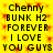 Yellow background with red pixelated dots, black text reading 'Chenny BUNK H2 FOREVER I LOVE YOU GUYS' repeated twice in a pattern