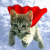 Static pixelated image of a cat wearing a red cape against a light blue background with white speckles.