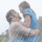 Animated contact sheet showing three sequential frames of a couple embracing outdoors in blue and white clothing with blurred green background.