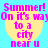 Pixelated text reads 'Summer! On it's way to a city near u' over yellow circular suns on cyan background.