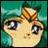 Pixelated close-up of a light-skinned figure with large dark eyes, brown hair, and a teal background.