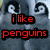 A pixelated image of a character with wide eyes and swirling pupils, overlaid with red text reading "i like penguins" on the left side.