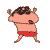 A 5x5 contact sheet of pixel art frames showing a cartoon character in red shorts performing various physical movements including walking, bending, and humping motions against a gray background.
