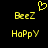 Yellow pixelated text and symbols on black background, with heart symbol above two identical side-by-side arrangements of 'BeeZ' and 'HaPPY'.