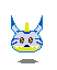 Pixelated Digimon character head with blue and white stripes, yellow mouth area, red eyes, and a small horn; six variations show eye and mouth changes.
