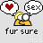Pixel art character with yellow body and white eyes, two speech bubbles showing red heart and 'sex', text below reads 'fur sure' on light gray background.