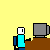 Pixel art animation of a blue-shirted figure at a brown desk with a gray monitor, showing repeated sneezing actions and a 'Computer Virus' label on a green