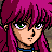 Pixel art character with magenta hair and green eyes, next to black background with silver text.