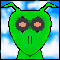Green alien head with antennae and vertical mouth lines, displaying sequential eye color changes against a blue sky background.