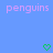 Blue background with two identical pixelated pink 'penguins' texts and two green pixelated heart symbols at bottom center and bottom right.