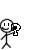 Pixelated stick figure holds a black-and-white object, then extends it into a long pole with a square tip against white background.