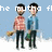 Two pixelated figures stand side-by-side against a light blue background with white cloud-like shapes; the left figure wears red plaid, dark pants, and holds a brown object while the right figure wears blue denim jacket, dark pants, and carries a green bag.