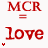 Red text 'MCR' and 'love' repeated in a pattern with small red heart symbols appearing incrementally across on white background