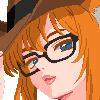 Pixel art portrait of a character with orange hair, blue eyes, and black-rimmed glasses, wearing a brown hat against a gray background.