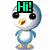 Pixelated cartoon penguin with blue body and white belly stands on white background, text "Hi!" above head.
