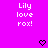 Pixelated text 'Lily love rox!' in white on bright pink background with two black pixel hearts below.