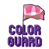 Animated contact sheet showing four frames of a buddy icon with pink checkered flag and purple 'COLOR GUARD' text, each frame displaying different motion blur effects on the flag.