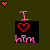A 6-frame animated contact sheet showing a pixel art icon with "I ❤️ him" text, where the heart symbol changes shape across frames against a dark green background with floating red hearts.