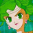 Pixelated anime-style character with light skin, green eyes, and orange hair styled in a high ponytail against a green-and-blue background.