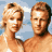Four pixelated figures in swimwear pose against a blue sky background, arranged in a 2x2 contact sheet format with visible animation frame differences.