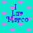 Pixelated cyan background with pink heart shapes and blue text reading "I Love Marco" in two identical vertical arrangements.