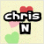 Pixelated icon with 'chris N' text over pastel hearts on a speckled background, transitioning to 'I love you.' with colored hearts and 'soo much!' text on a polka-dot background.