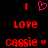 Pixelated red and pink text on black background: 'I' flanked by vertical bars, a heart symbol above 'LOVE', two instances of 'LOVE' below, each followed by 'Cassie' with small hearts.