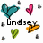 Pixelated heart-shaped icons in teal, pink, green, and orange with small black hearts scattered across a white background, featuring the text 'Lindsey' in black pixelated font.