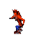 Orange anthropomorphic character with brown shoes and blue pants in multiple running poses against gray background.