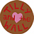 Circular brown icon with red text and a pink heart symbol in the center.