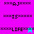 Pixelated text and symbols on colored backgrounds with animated character overlays in two color schemes.