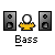Pixelated icon with yellow figure between two speakers, labeled 'Bass' below; animation shows speaker and head movements.