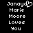 Pixelated text displays 'Janaya Marie Moore Loves You' with a heart symbol replacing the 'a' in 'Janaya' on the left side of a black background.